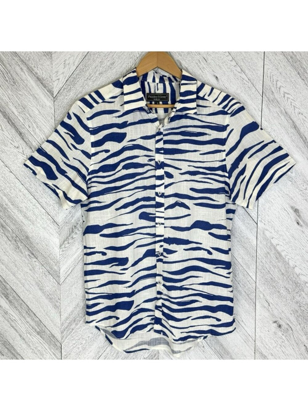 Paisley & Gray Shirt Mens Medium Slim Fit Linen Blend Short Sleeve Blue Zebra